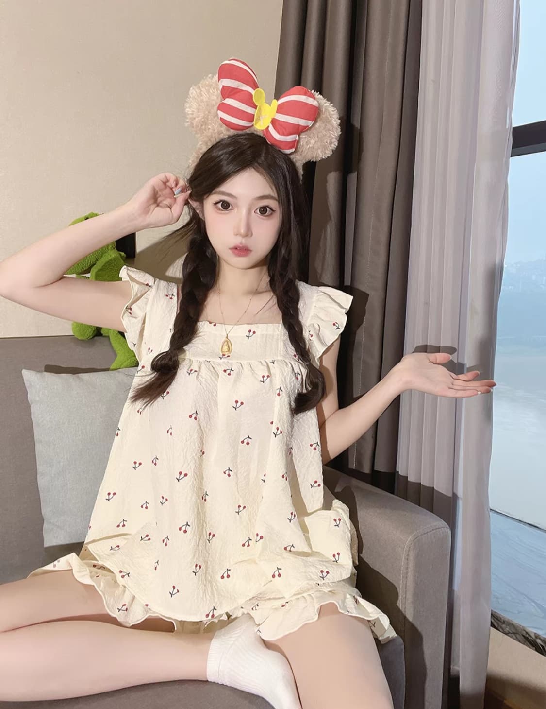 체리 패턴 프릴레이스 민소매티셔츠+팬츠 여성 잠옷 세트 파자마 상품이미지1