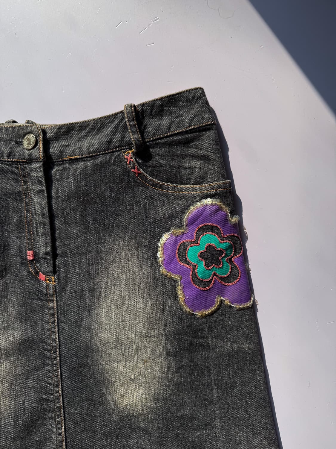  Floral Bead Cinch Back Denim Skirt 0335 상품이미지2