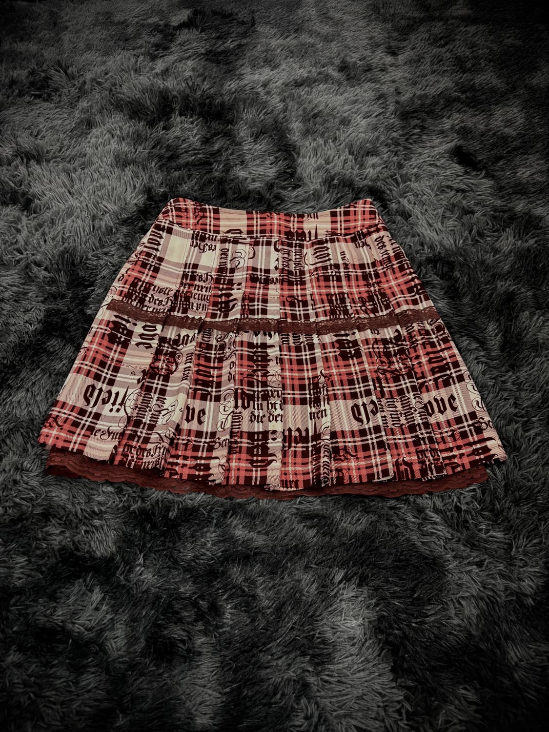 레드 체크 레터링 펑크 레이스플리츠 스커트 상품이미지1