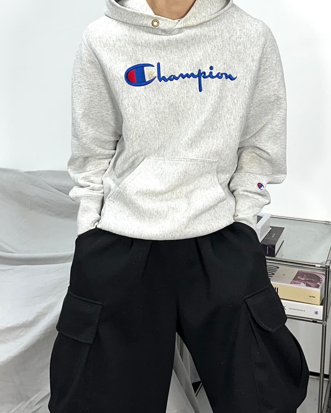 챔피온 라이트 그레이 빅로고 후드티 L 상품이미지1