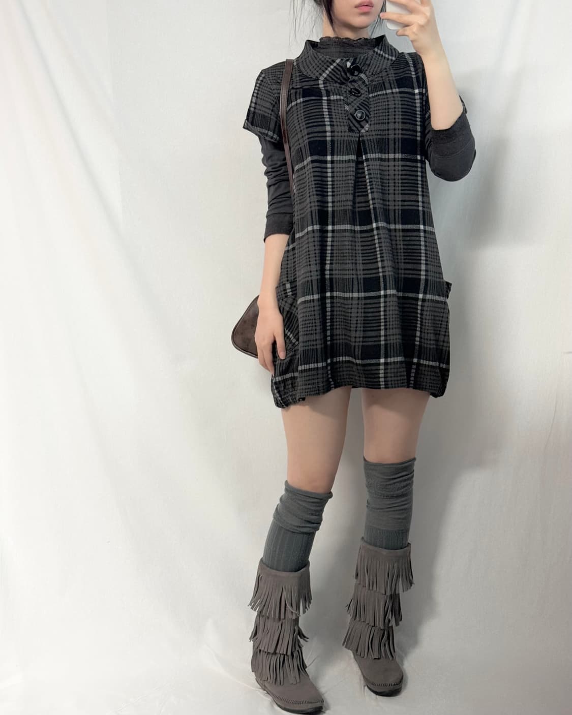 버튼 넥 체크 패턴 튜닉 원피스 상품이미지3