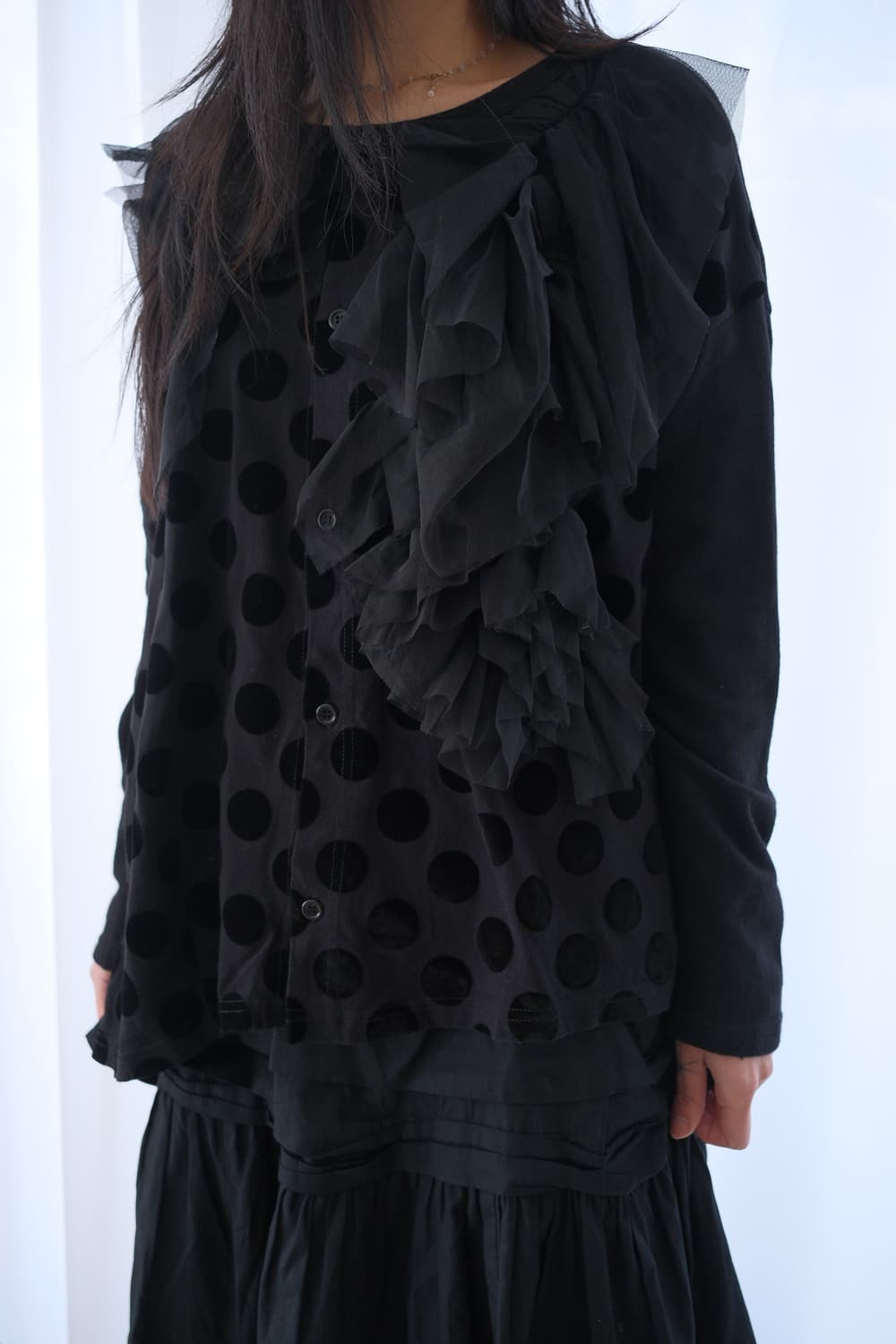 Frill velvet dot asymmetric button top 상품이미지2