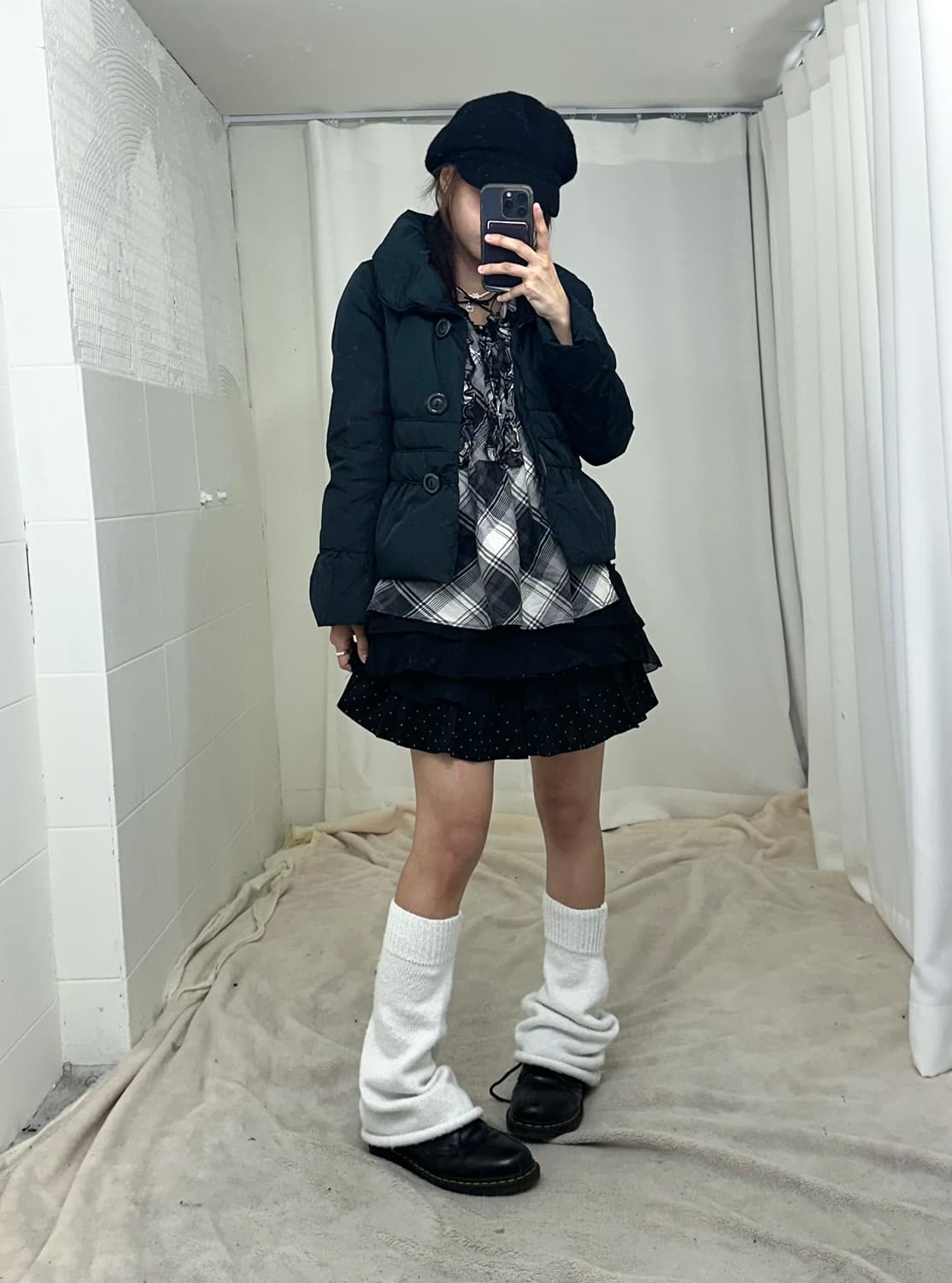 데일리 무채색 모리걸 체크 도트 패딩 코디세트 상품이미지1