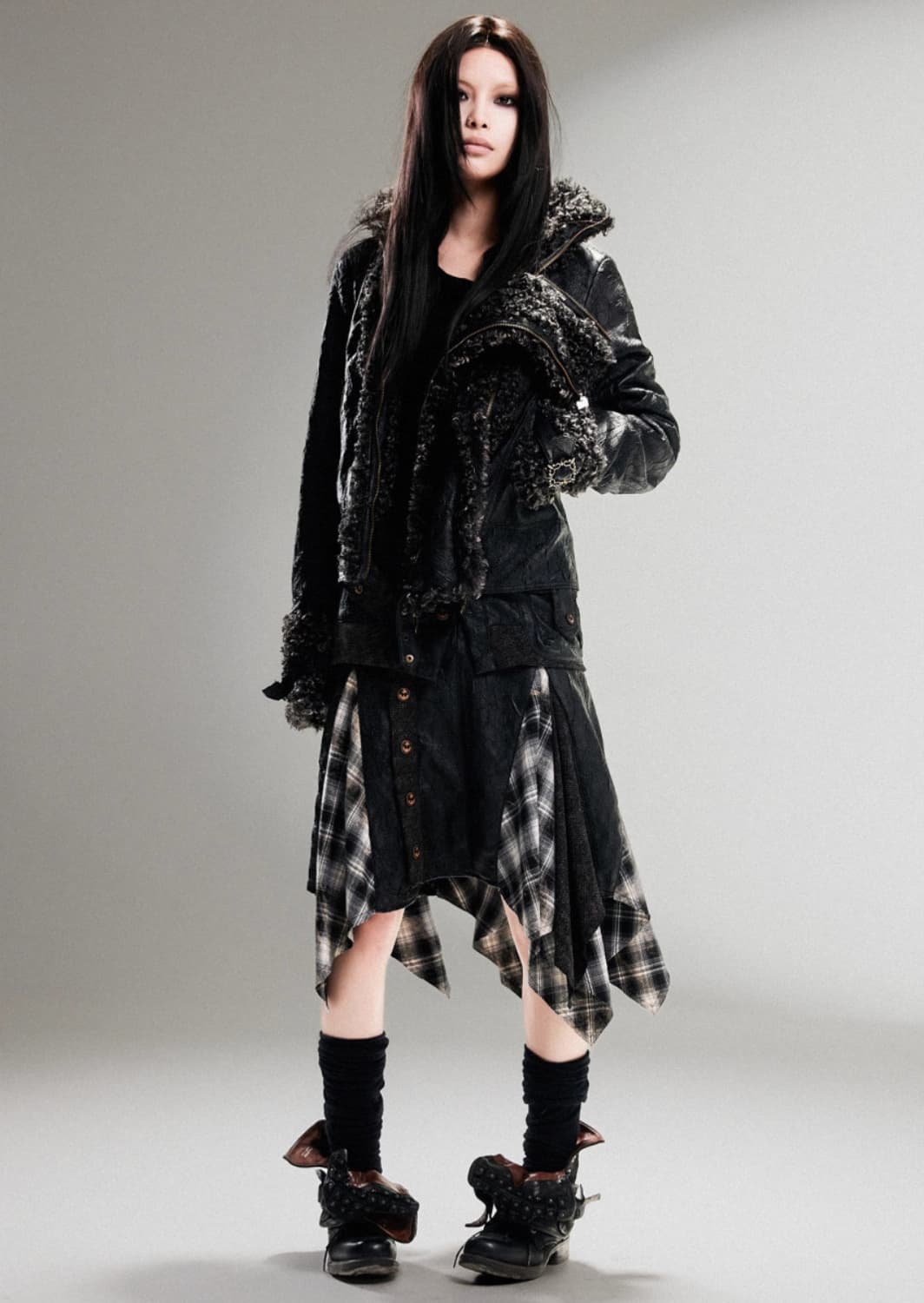 ARIADNAw 자켓 더블 지퍼 헤비듀티 벨벳 퍼 스트레이트 가죽 자켓  상품이미지3