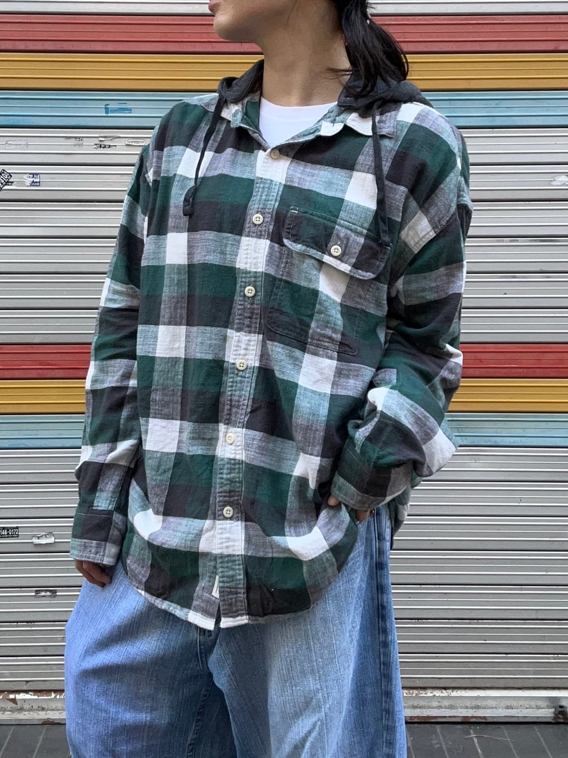 90s AMERICAN EAGLE 후드 체크플란넬셔츠 상품이미지1
