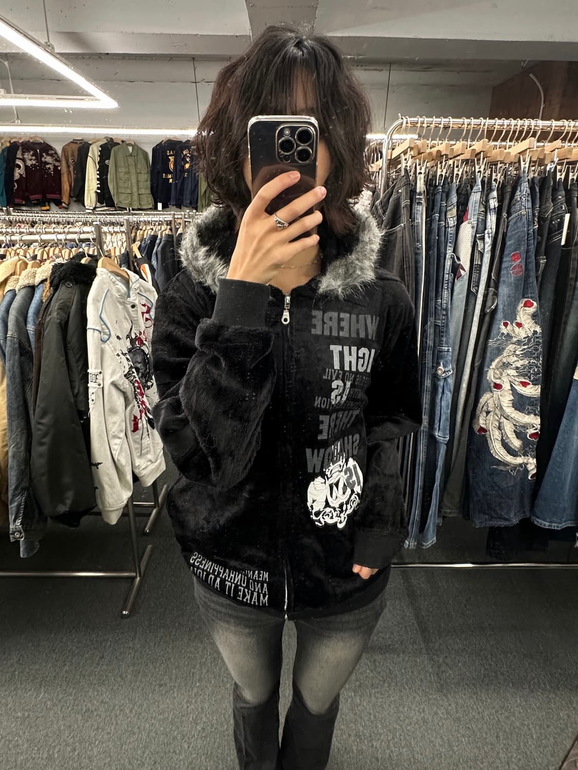 OS)Japanese vintage Y2K 펑크 벨벳 퍼 후드집업 상품이미지2