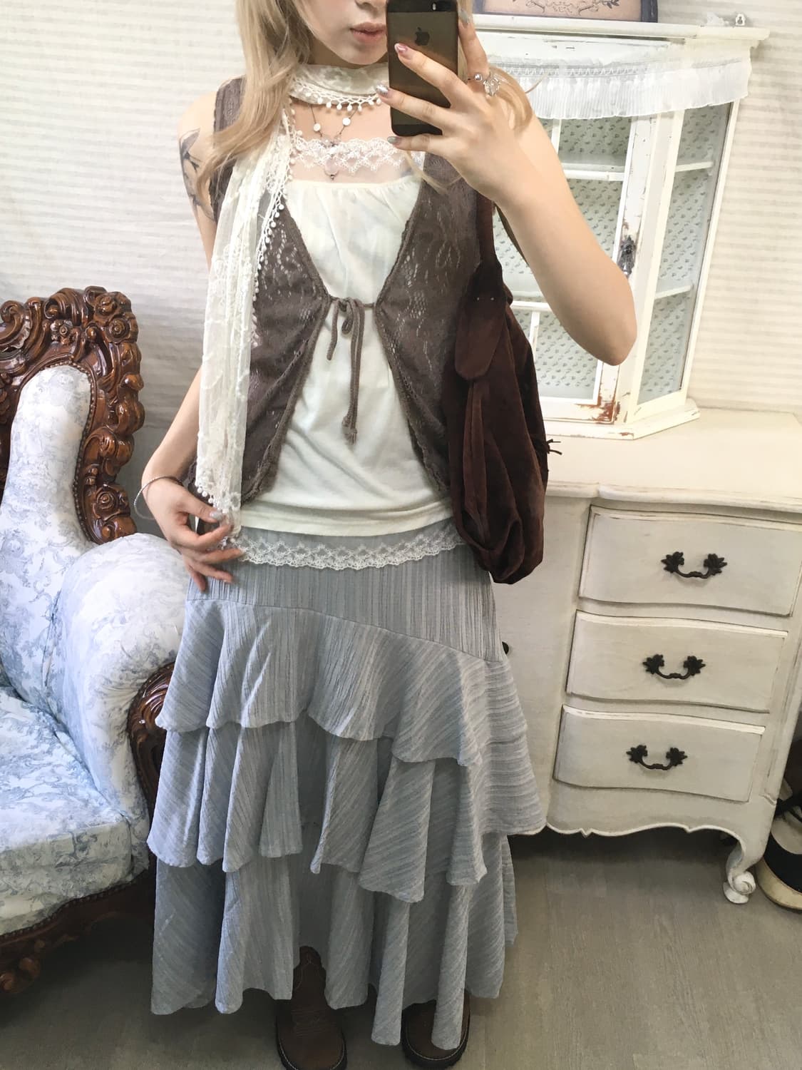 Set)브라운 모리 크로셰 가디건 + 레이스 슬리브리스 상품이미지7