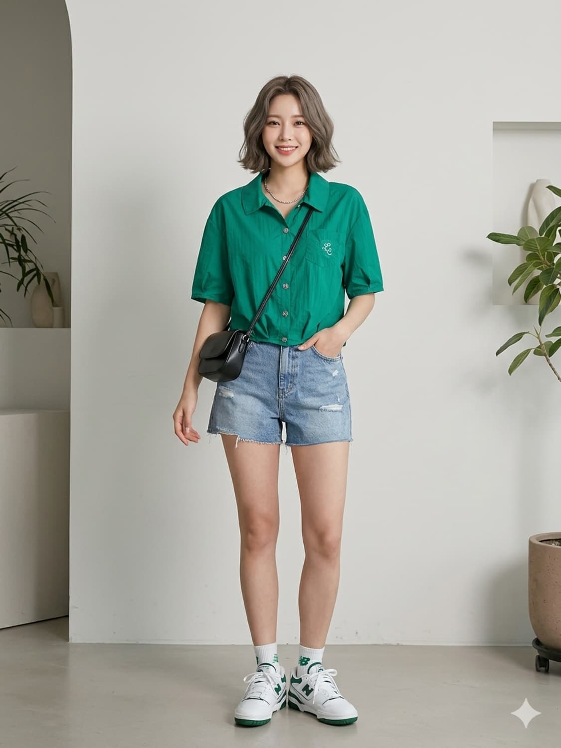 AK ANNE KLEIN 그린 포켓 크롭 반팔 셔츠 상품이미지1