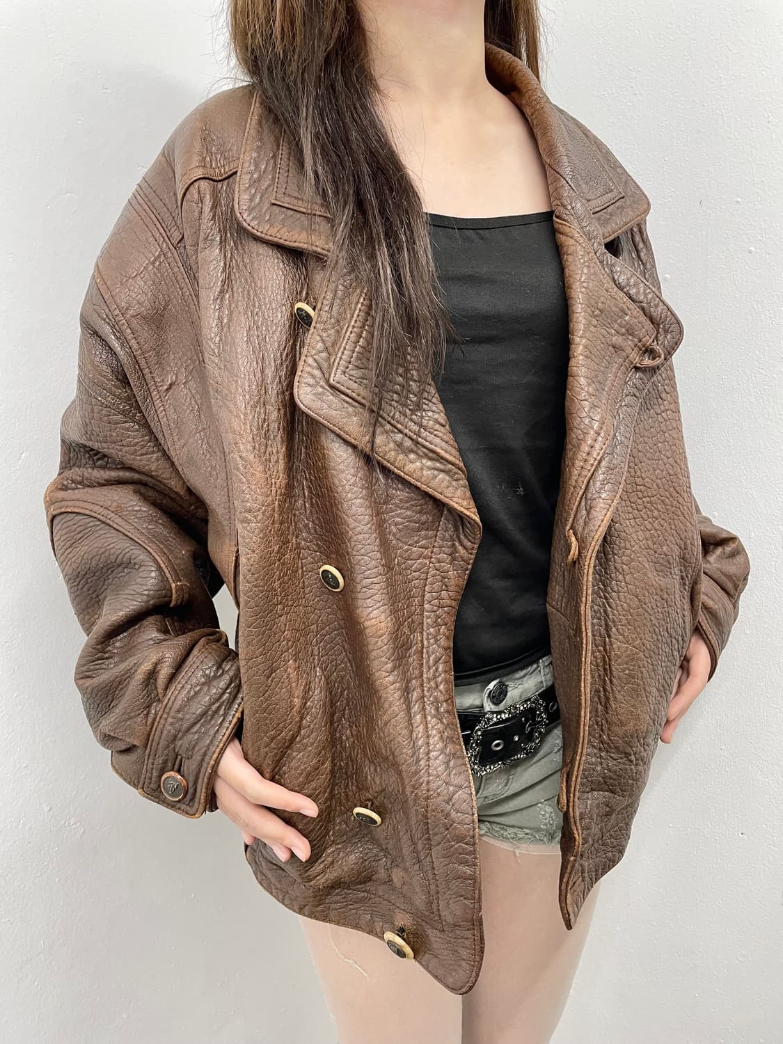 브라운 헤비 레더 봄버 자켓 상품이미지2