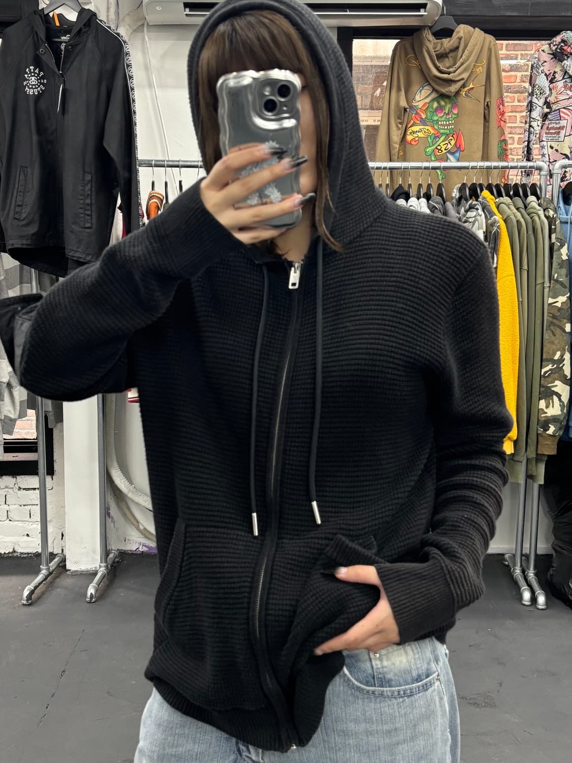 디젤 포켓 디테일 와플 후드집업 상품이미지1