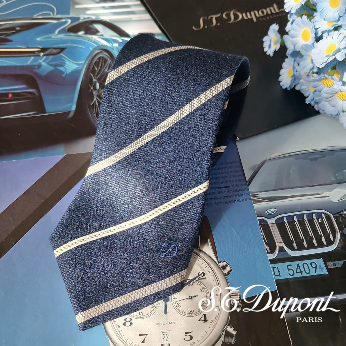 듀퐁 실크 네이비 스트라이프 넥타이 8.3cm A+등급 A19686 상품이미지1