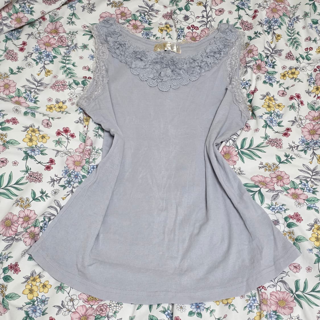 일본빈티지)레이스 스카이블루 모리걸 엑팜깔 플로럴 슬리브리스 상품이미지1