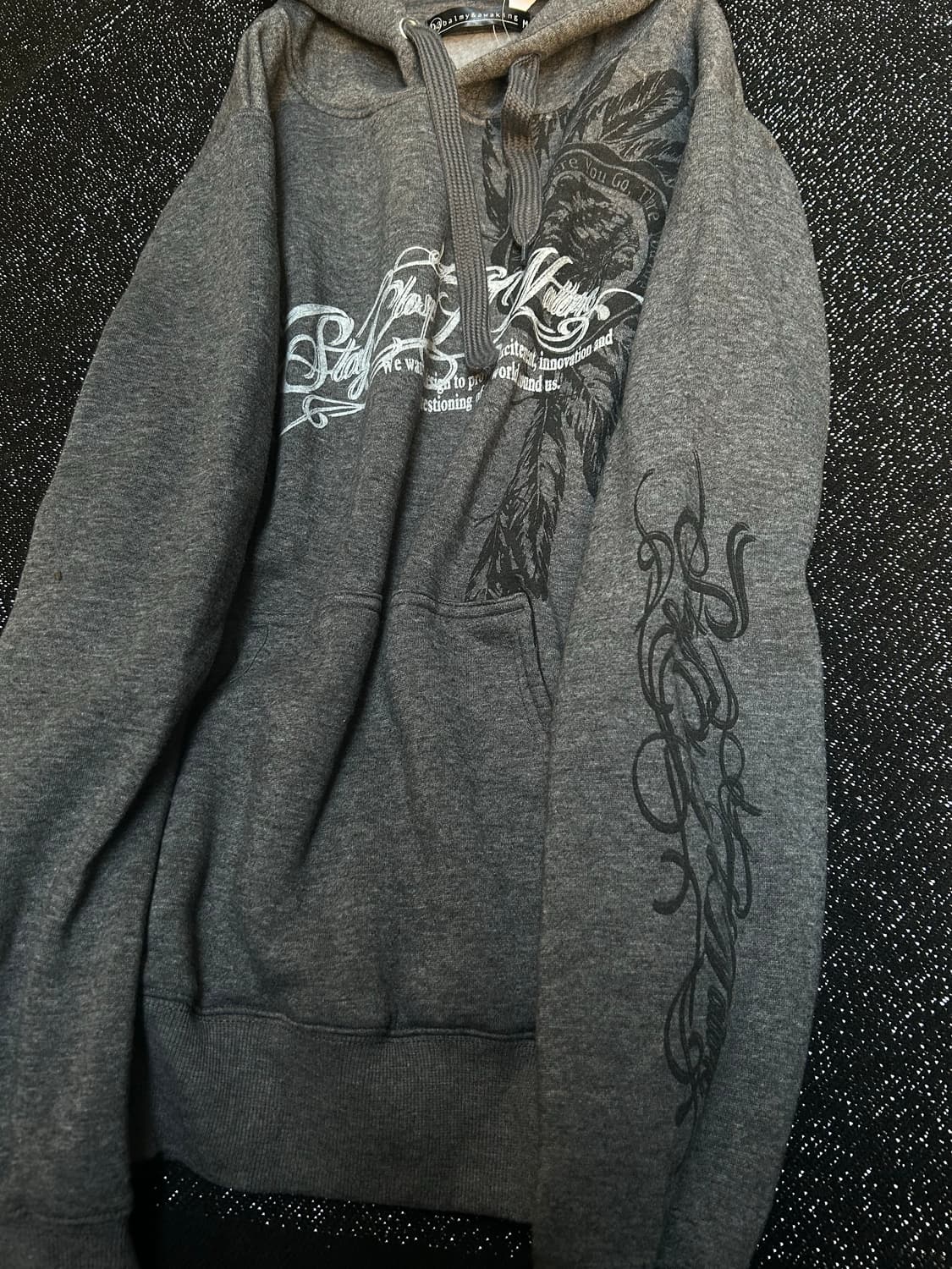 2000s JPN 펑크 인디언 레터링 프린팅 그레이 후드티 상품이미지2