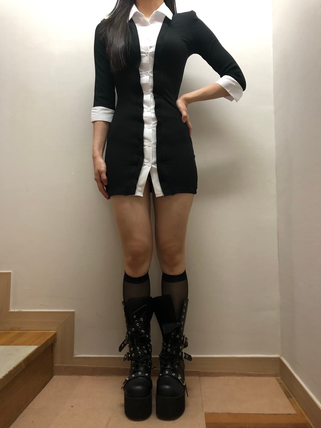 빈티지 블랙 앤 화이트 셔츠 레이어드 원피스 상품이미지5