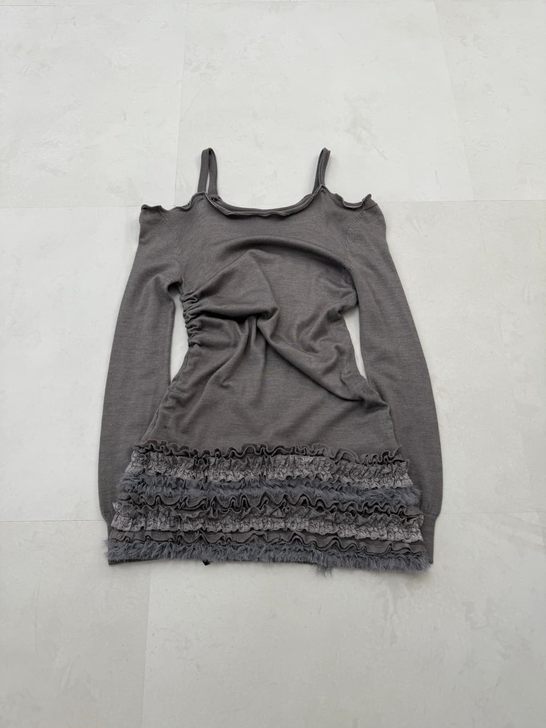 니트 오프숄더 셔링 원피스  상품이미지8