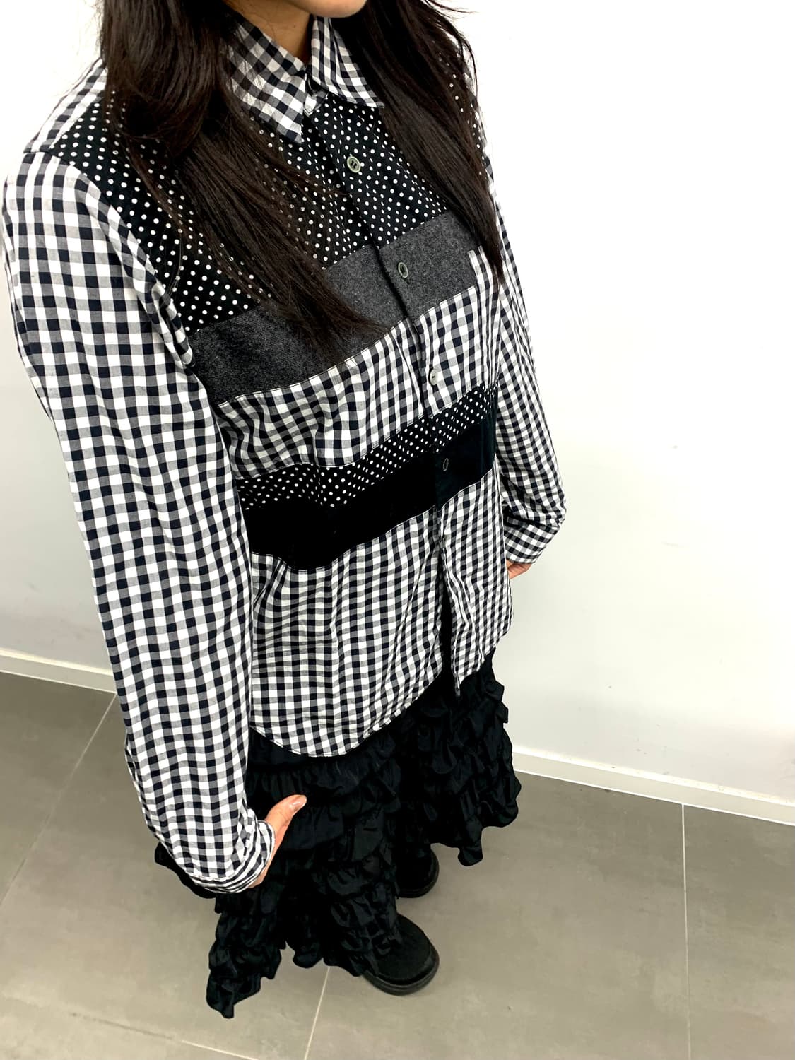 꼼데가르송 블랙 패치워크 깅엄 도트 셔츠 s 상품이미지2