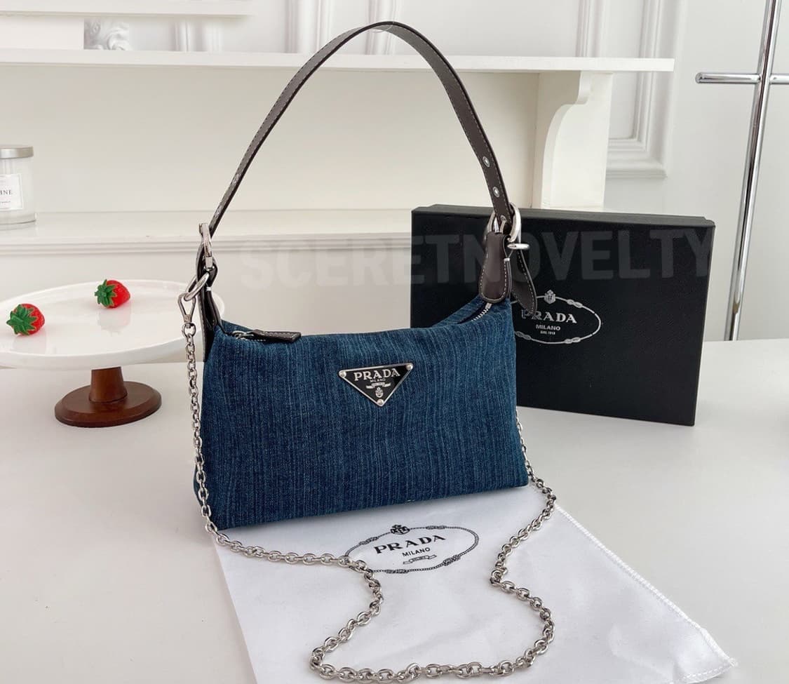프라다 데님 체인 숄더 크로스 백 무배 상품이미지2