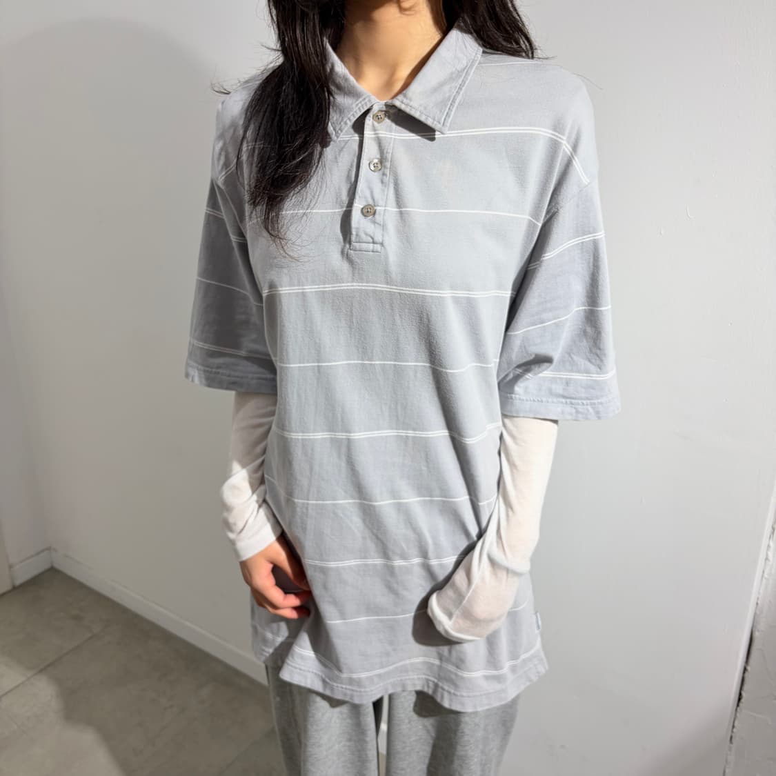  00s Stussy Authentic 스트라이프 그레이 반팔 티셔츠 상품이미지3