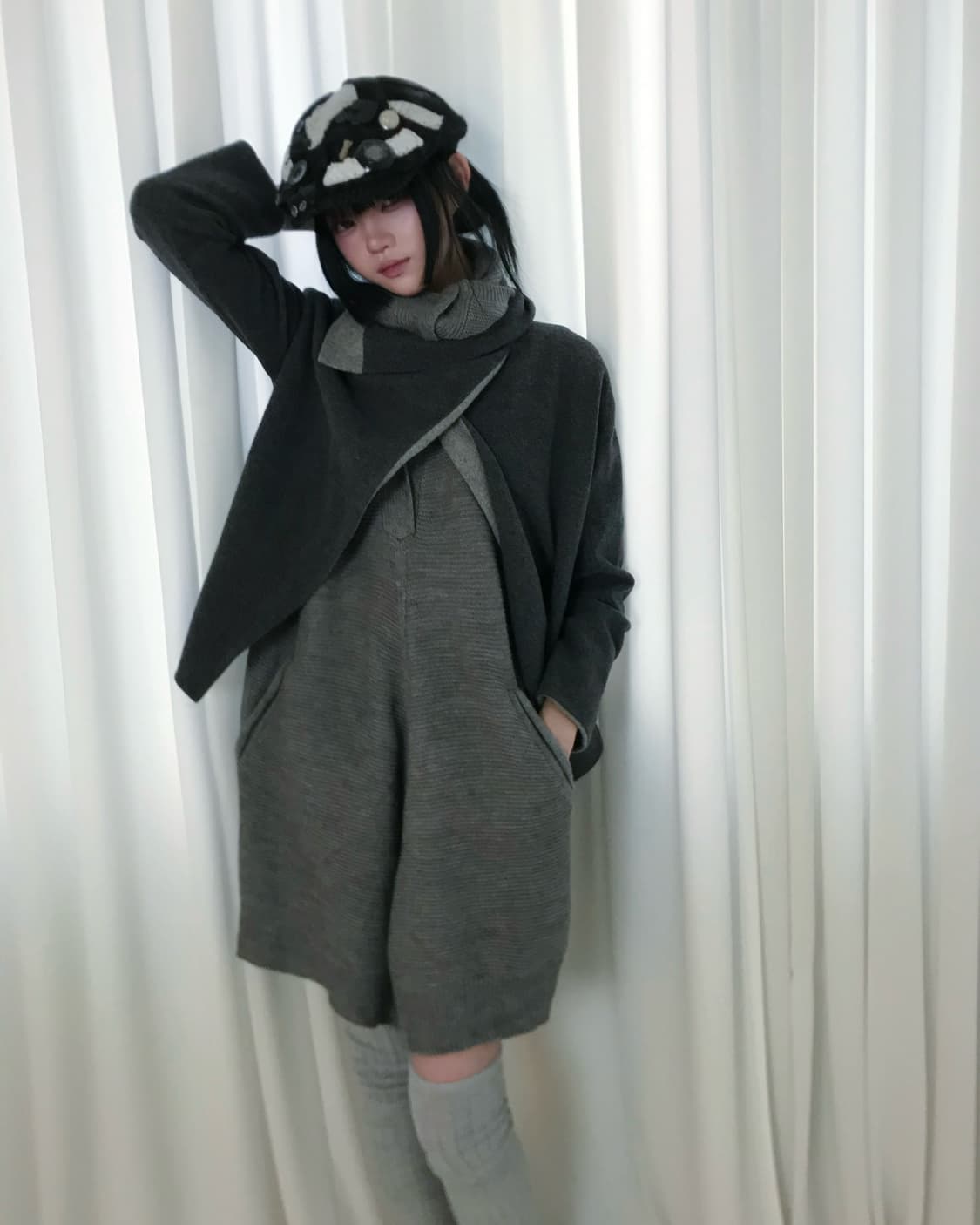 Grey wrap diagonal multi-collar wool top 상품이미지7