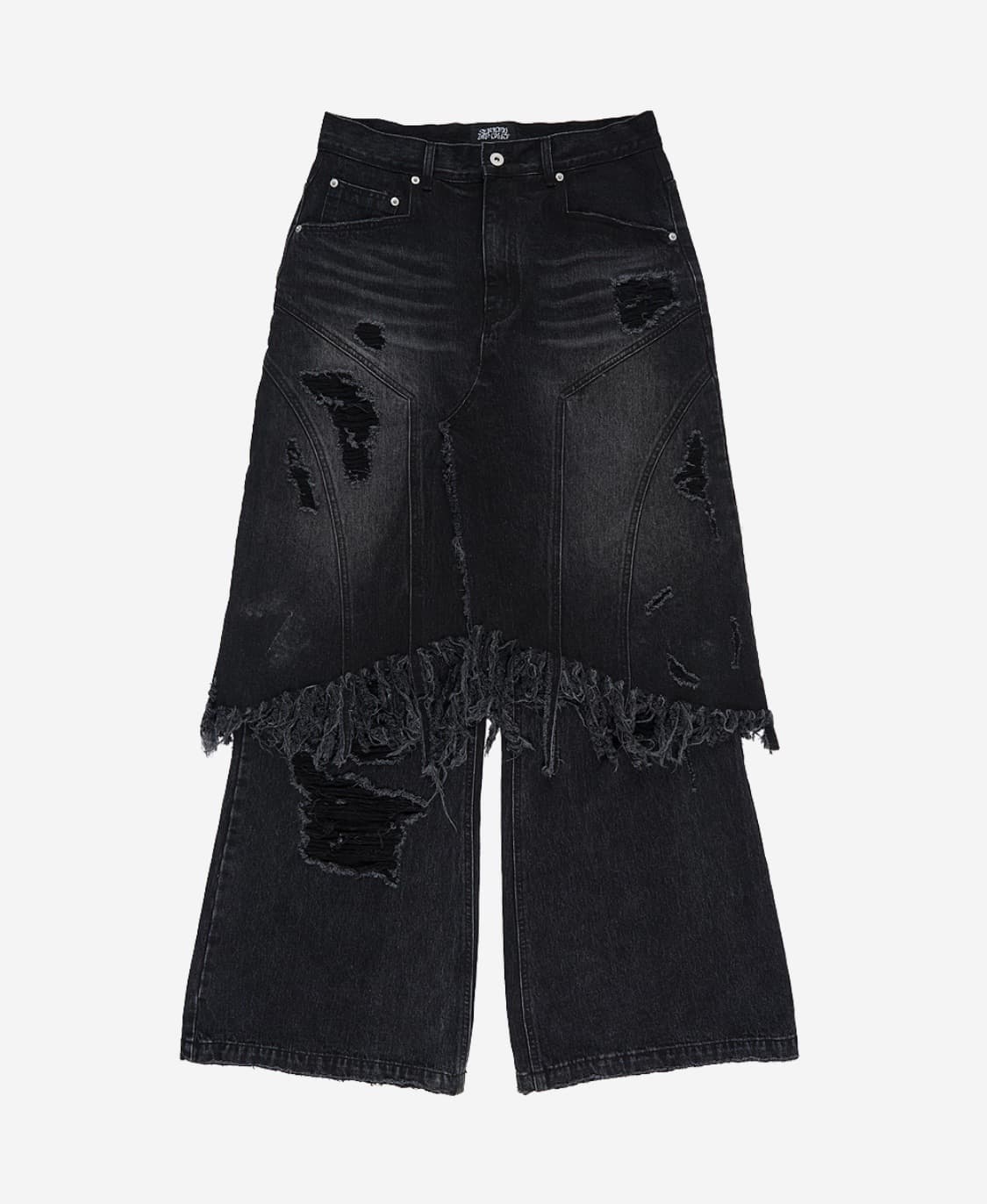 선데이오프클럽 레이어드 스커트 플레어드 데님 진 워시드 블랙 상품이미지3