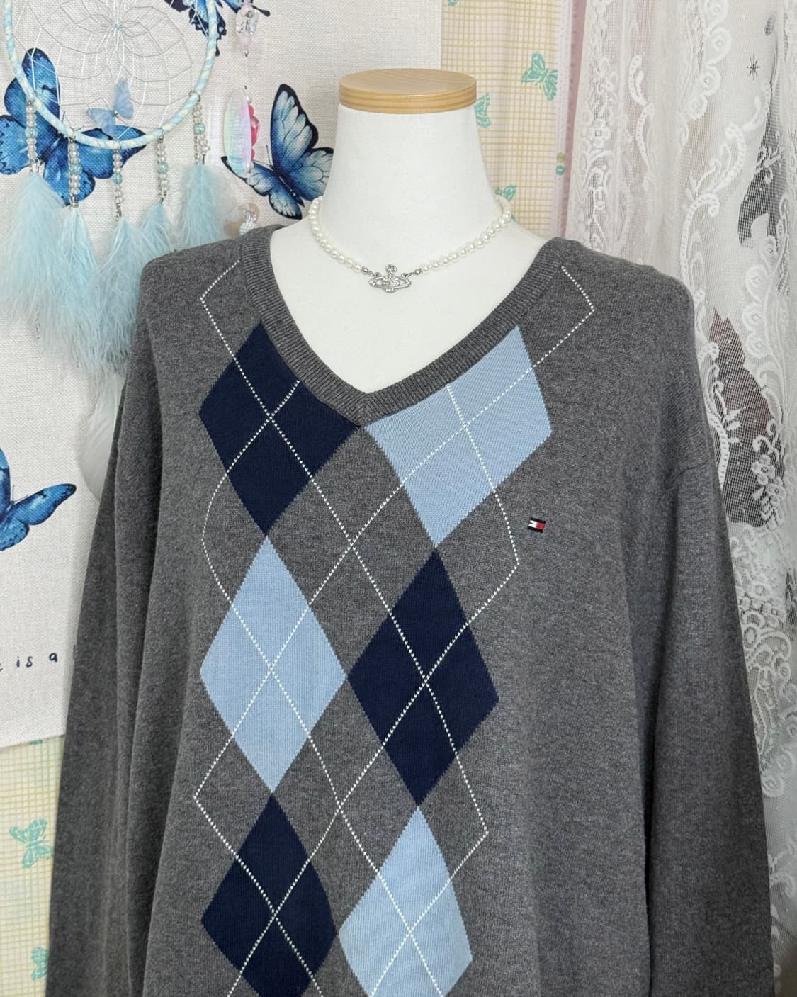 타미힐피거 그레이 & 블루 오버핏 아가일 니트 상품이미지4