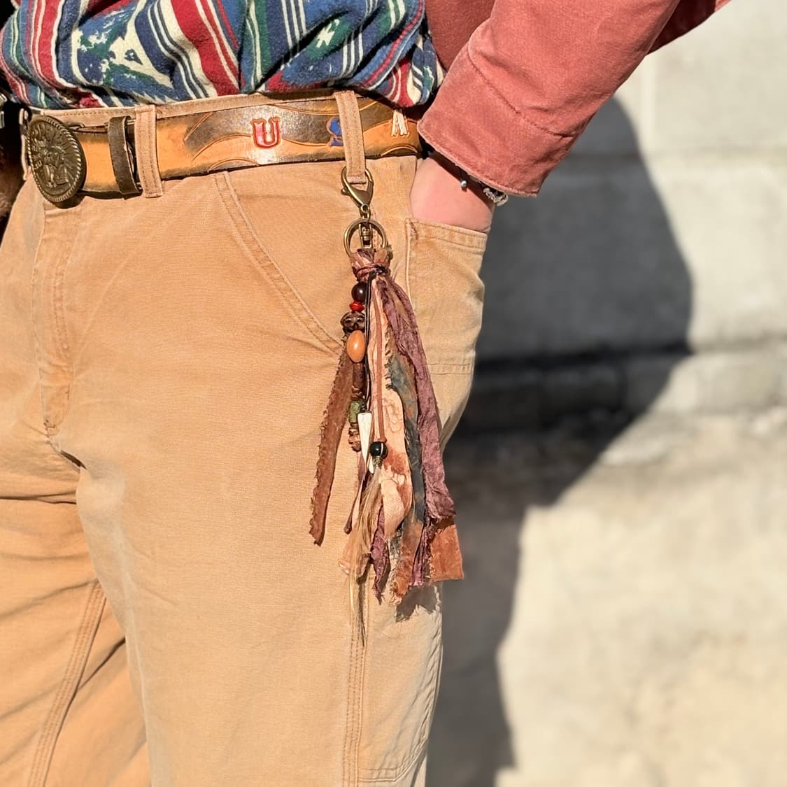 #Br1 핸드메이드 보헤미안 웨스턴 에스닉 실크 깃털 나염 모리 키링 참 상품이미지1