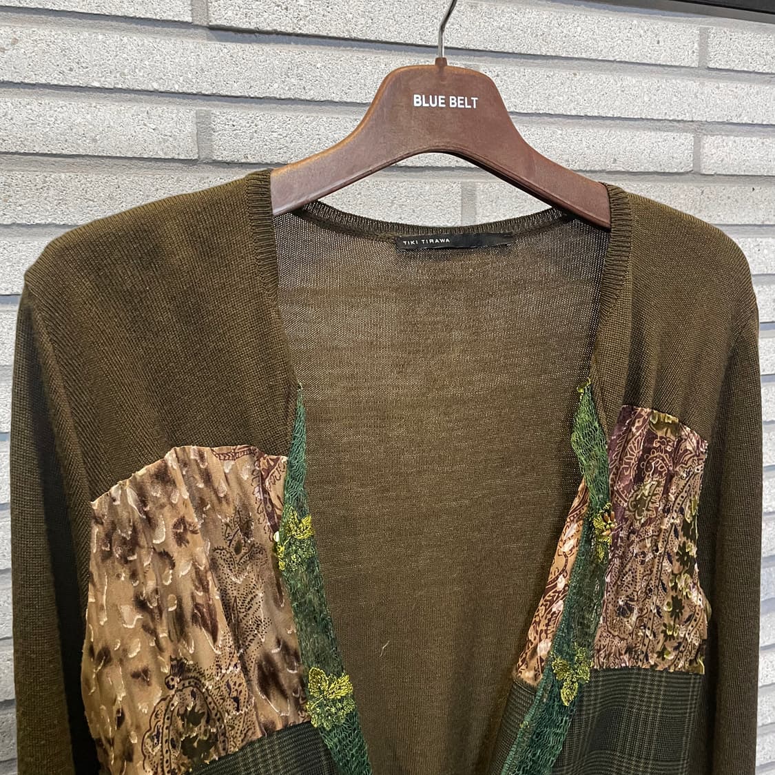 JPN VINTAGE 오픈 니트 가디건 패치워크 스트링 디테일 카키 상품이미지4