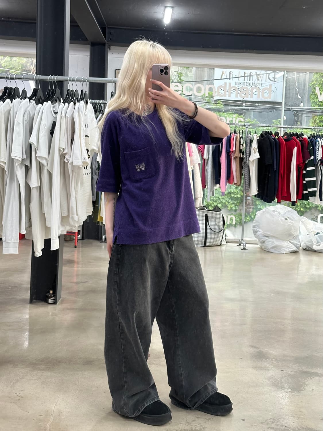 니들스 태리 빠삐용 EMB 포켓 티셔츠 반팔 퍼플 상품이미지2