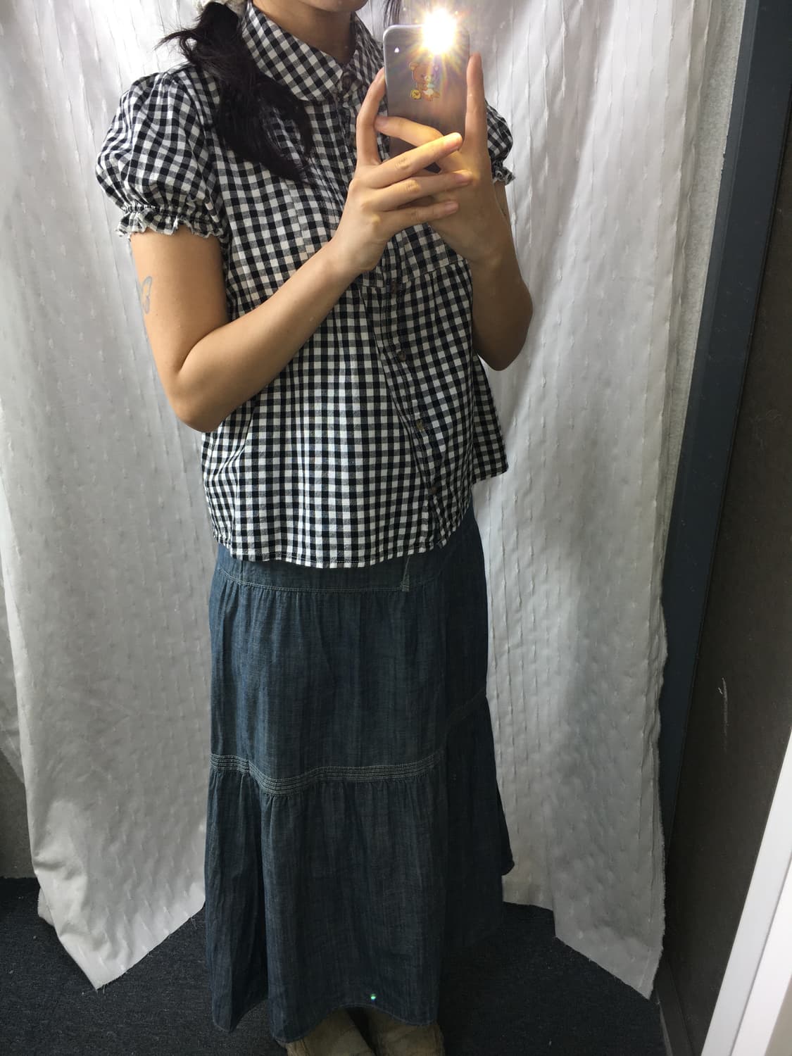 블랙 체크 둥근카라 블라우스 상품이미지4