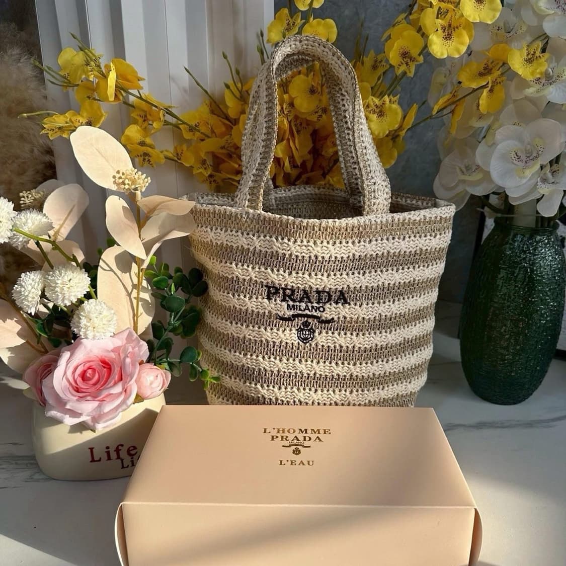 프라다뷰티 르옴므 스트라이프 베이지 라피아백  상품이미지2