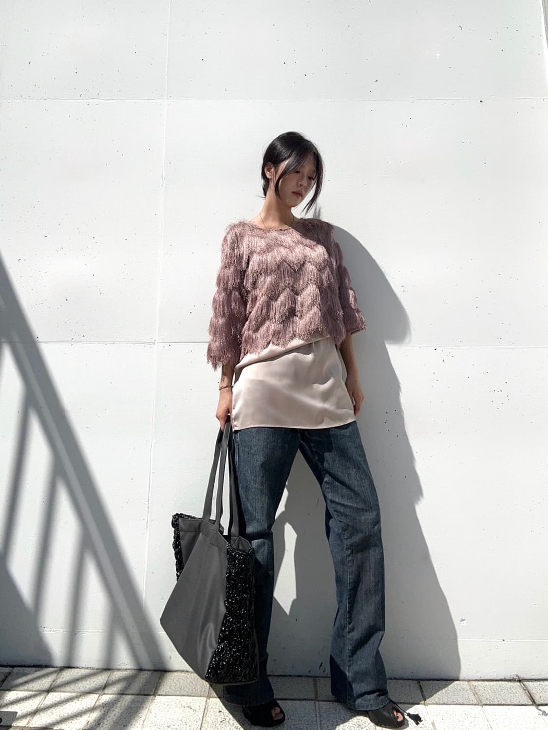 Tassel glossy layered top / baby pink 상품이미지2