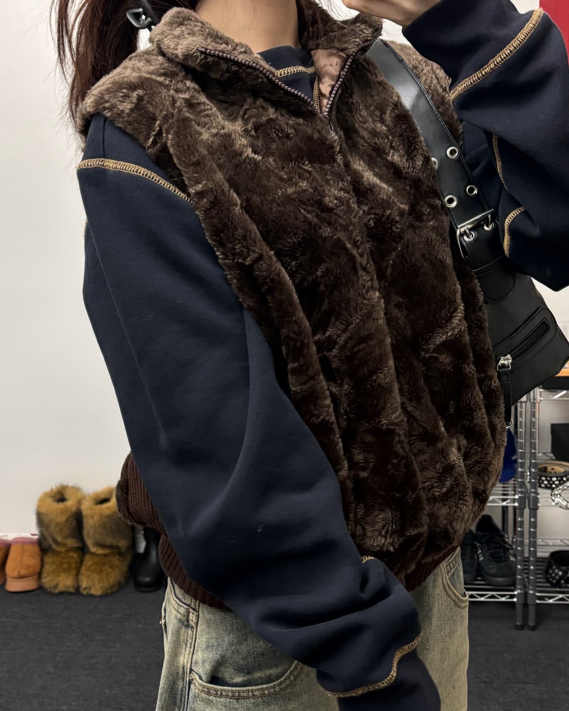 올드 빈티지 브라운 퍼 집업 베스트 상품이미지3