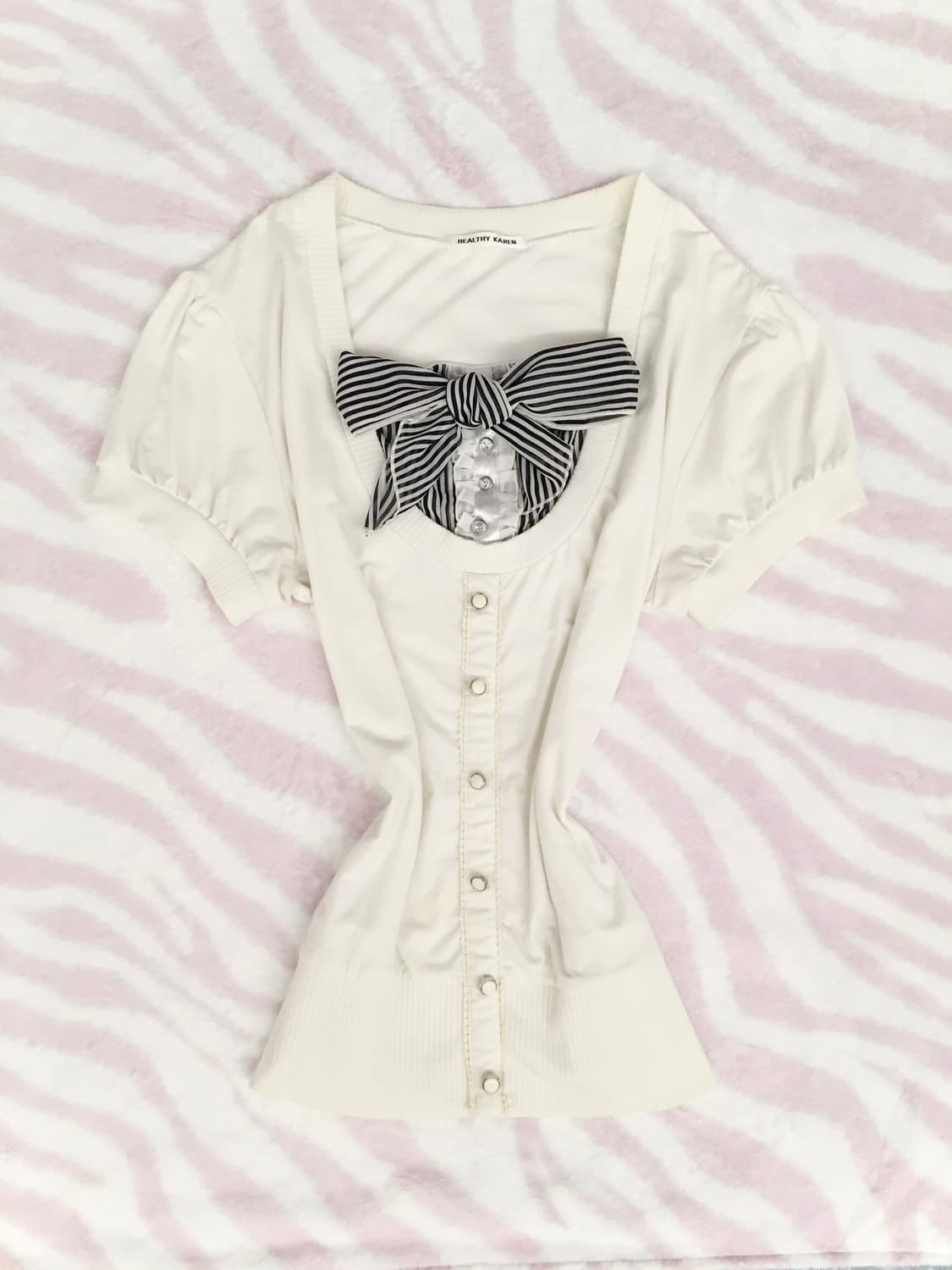 Healthy Karen 생화이트 스트라이프 리본 로걀탑 큐빅 프릴 갸루 상품이미지4
