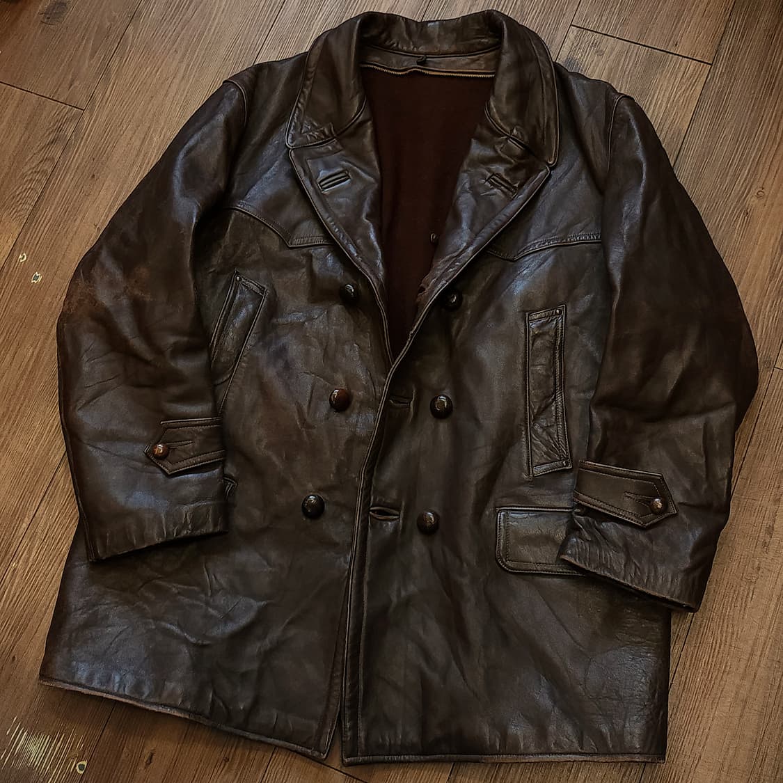 80s 프렌치 레더 카코트 카우하이드 반스토머 양털 랜치 코트 L 상품이미지8