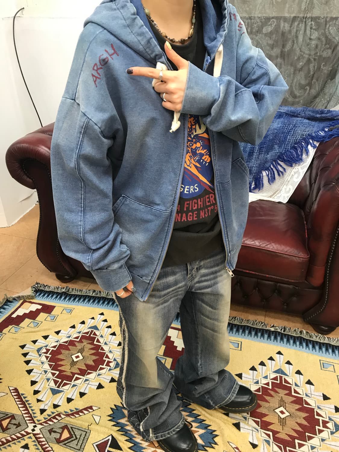 빈티지 여성 백프린팅 피그먼트 후드집업  상품이미지1