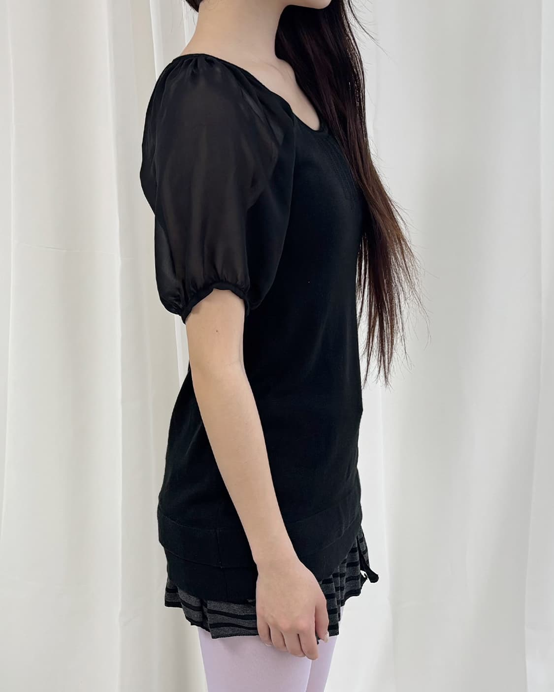 Provador시스루 퍼프 소매 백 리본 니트 탑 상품이미지1