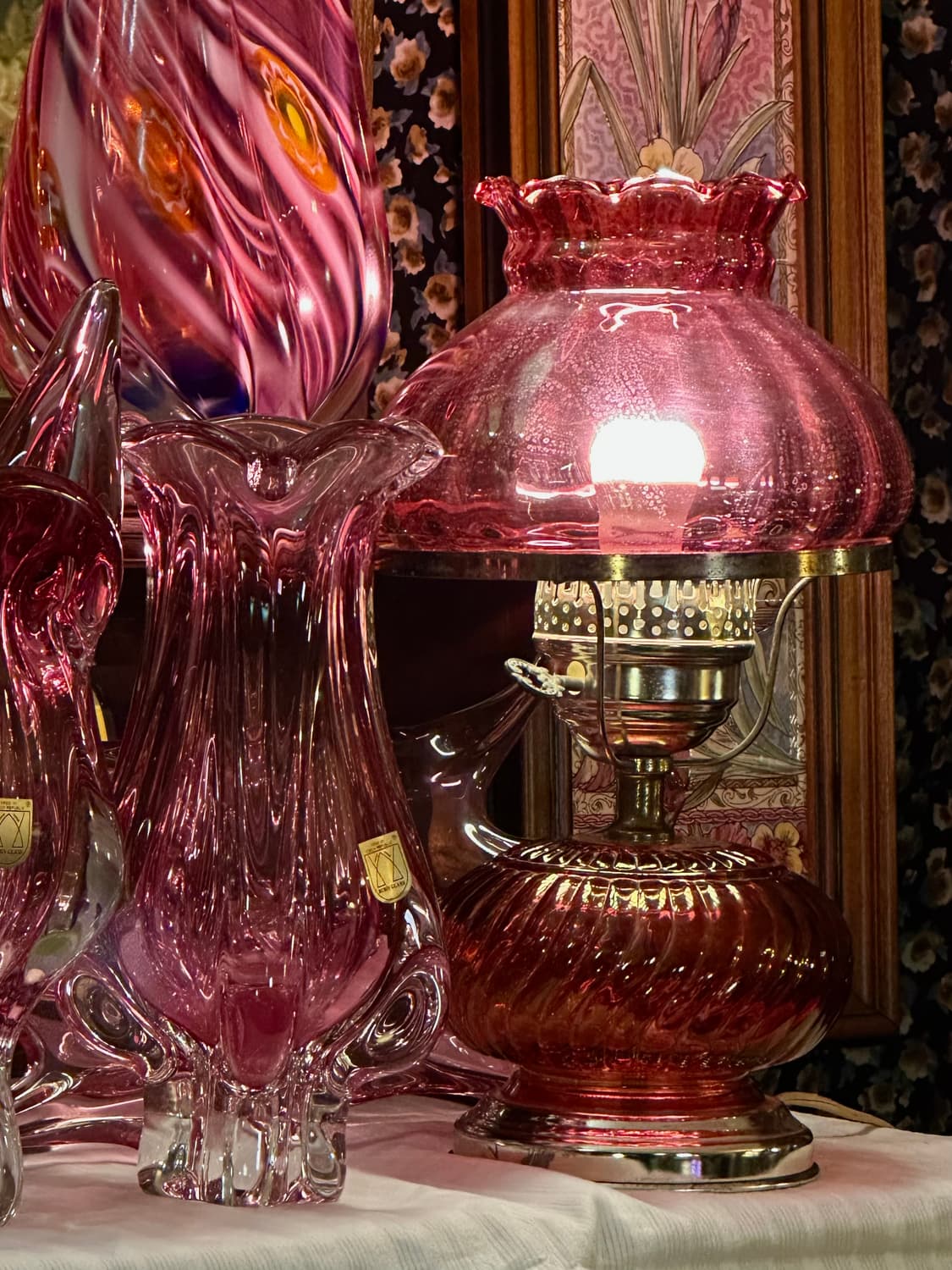 미국 빈티지 fenton 크랜베리 스월 글라스 램프 조명 상품이미지2