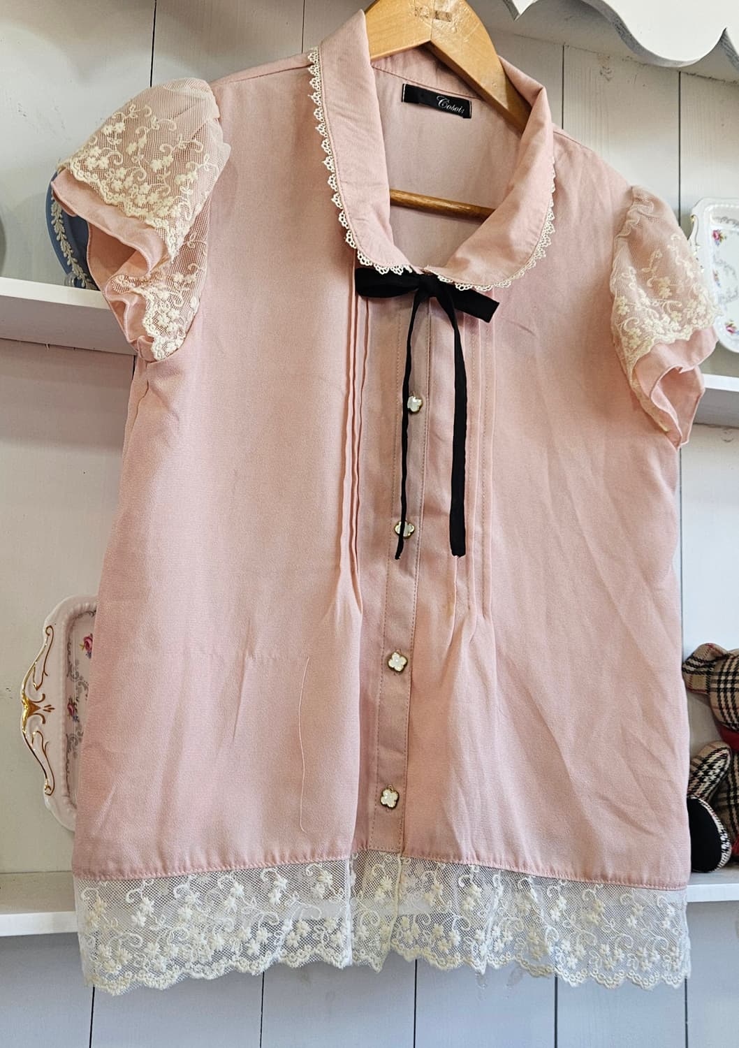 핑크 레이스 블라우스 리본 반팔 상품이미지2