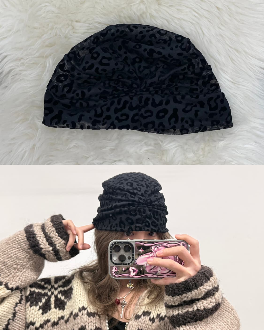 갸루 레오파드 셔링 비니 상품이미지1