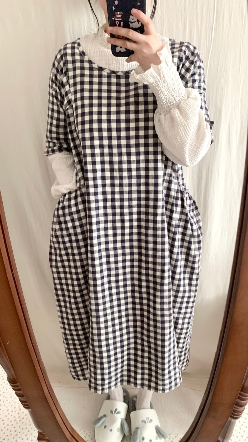 호박핏 네이비 체크 모리 롱원피스 상품이미지2