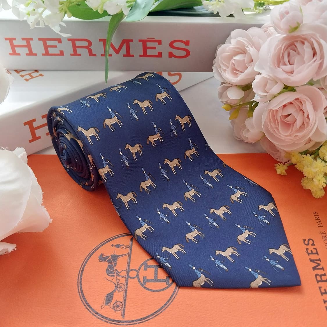 에르메스 실크 네이비 승마 모티브 넥타이 9.5cm A등급 K2143 상품이미지7