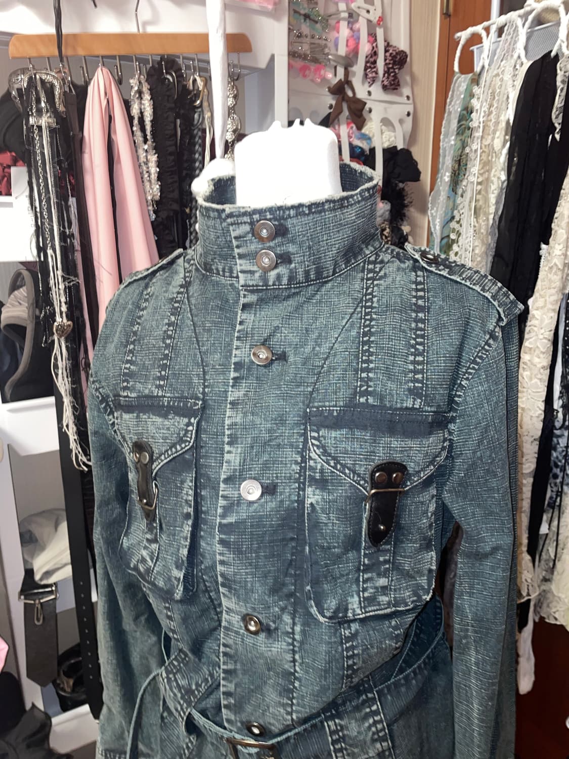 워싱 하이넥 벨트 데님 셔츠 자켓 상품이미지8