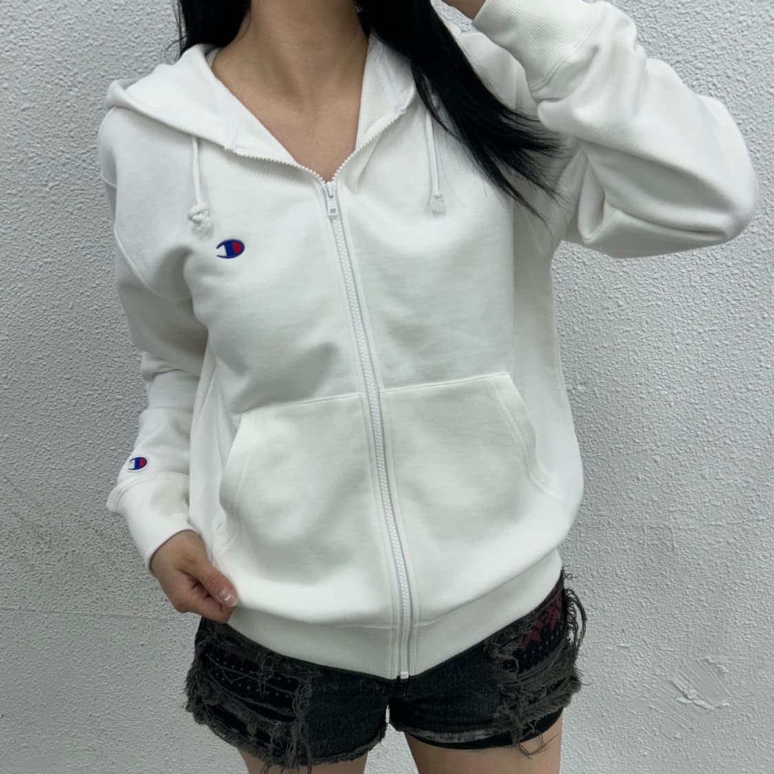챔피언 로고 화이트 후드집업 M 상품이미지1