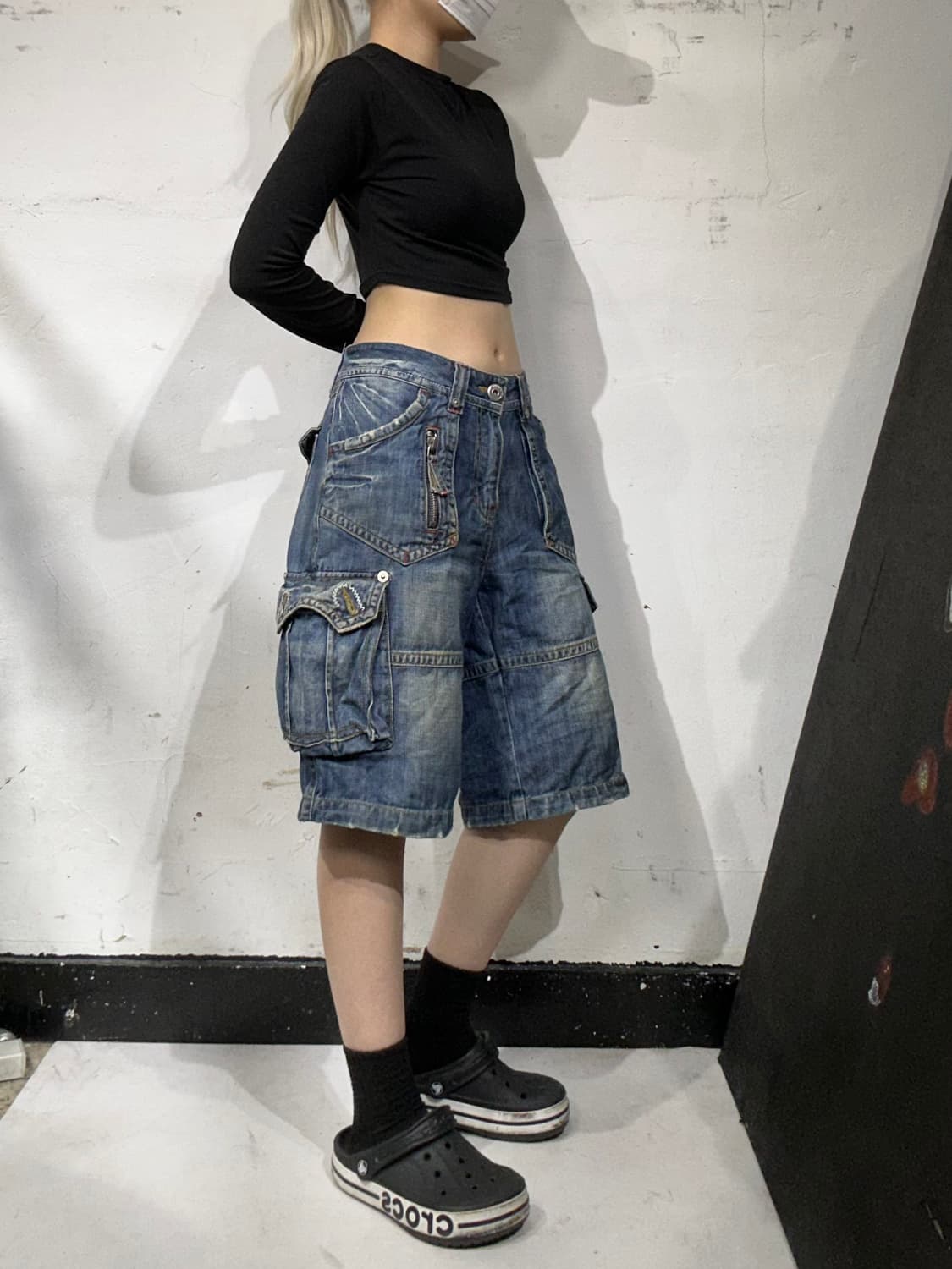 90s 빈티지 중청 포켓 디테일 데님 청 카고 버뮤다 와이드 반바지  상품이미지1