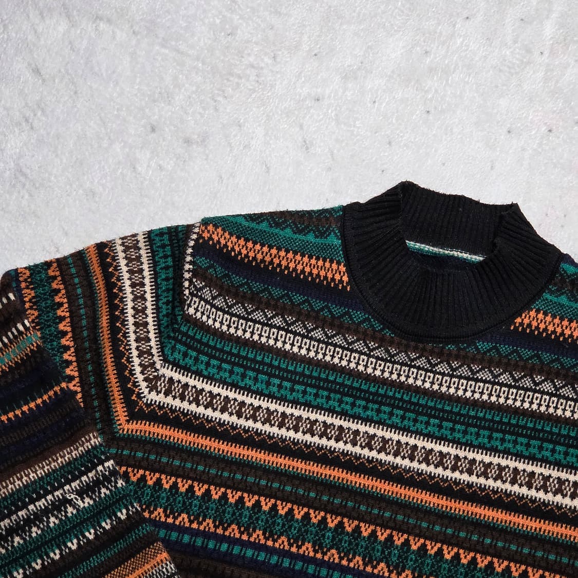 빈티지 오렌지 그린 에스닉 패턴 반폴라 니트 상품이미지2