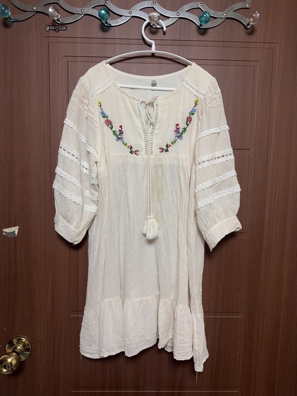 모리걸 하구미 아오이유우 빈티지 아이보리 꽃 자수 레이스 도트 원피스 상품이미지1