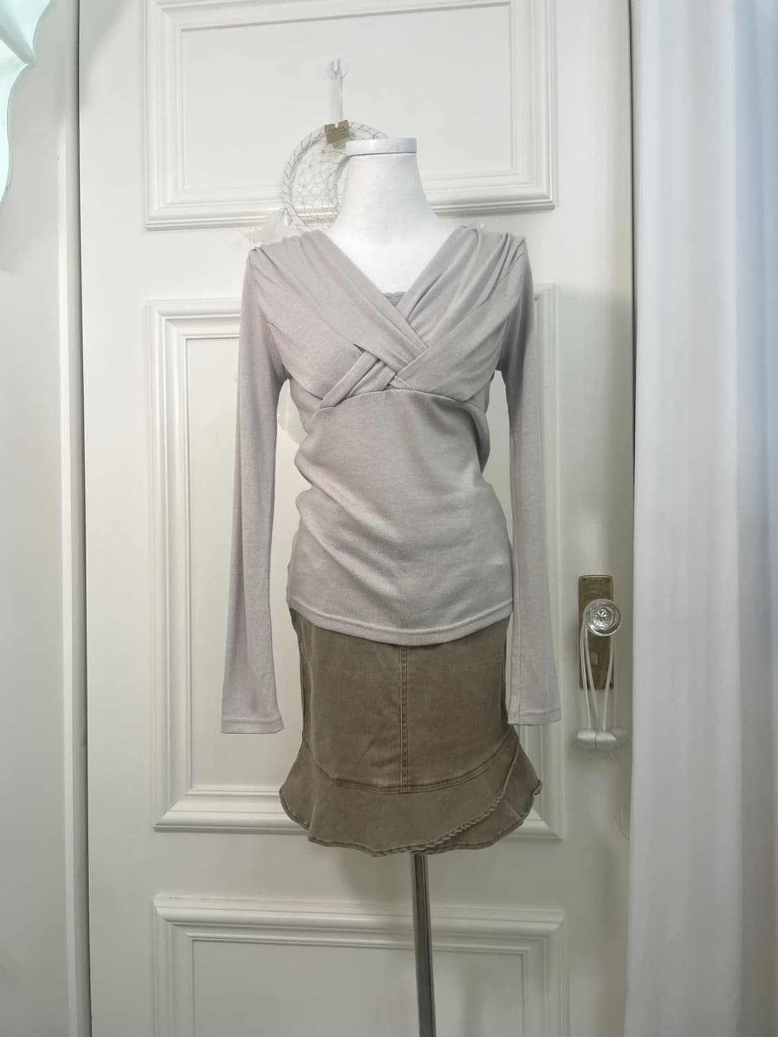 gray shirring lace point long sleeve kni 상품이미지2