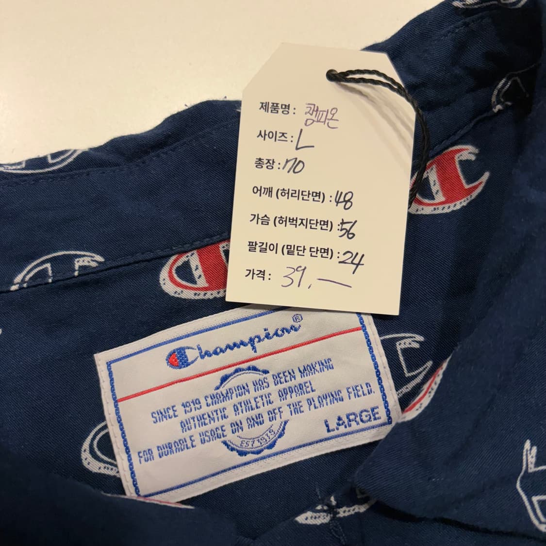 [L] 챔피온 로고 패턴 반팔 셔츠 네이비 C192 상품이미지4