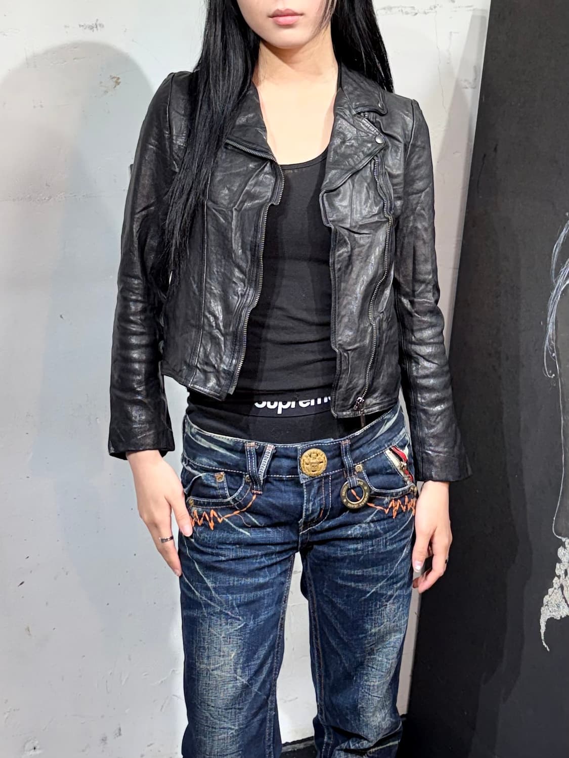 일본빈티지 사선 지퍼 양가죽 라이더 가죽 자켓  M 상품이미지2