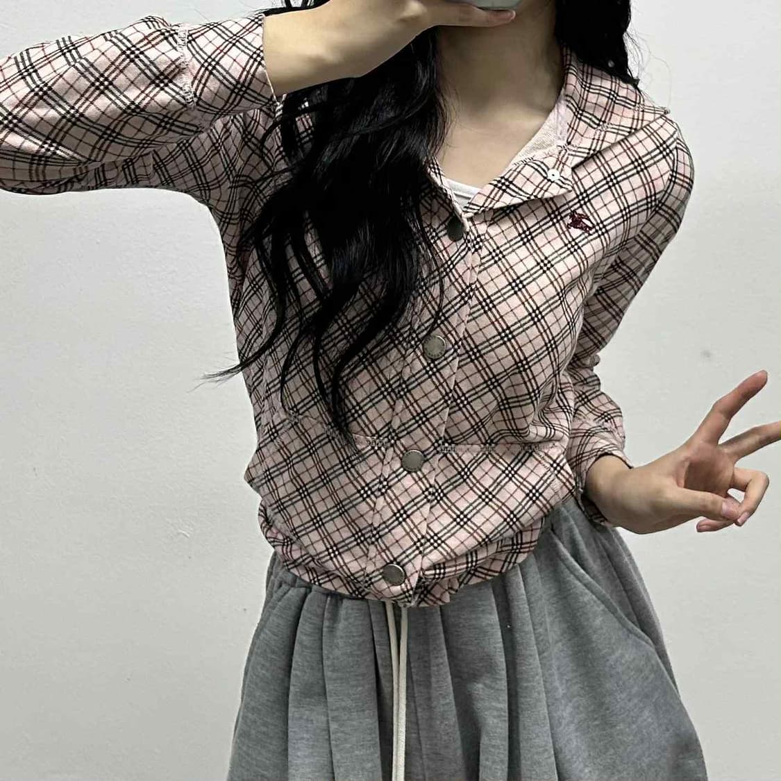 버버리 y2k 블루라벨 딸기 체크 버튼 스냅 후드 져지(38) 상품이미지1
